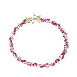 Ross Simons Gold over Sterling Silver Pink Ruby + Diamond Bracelet 7.25"